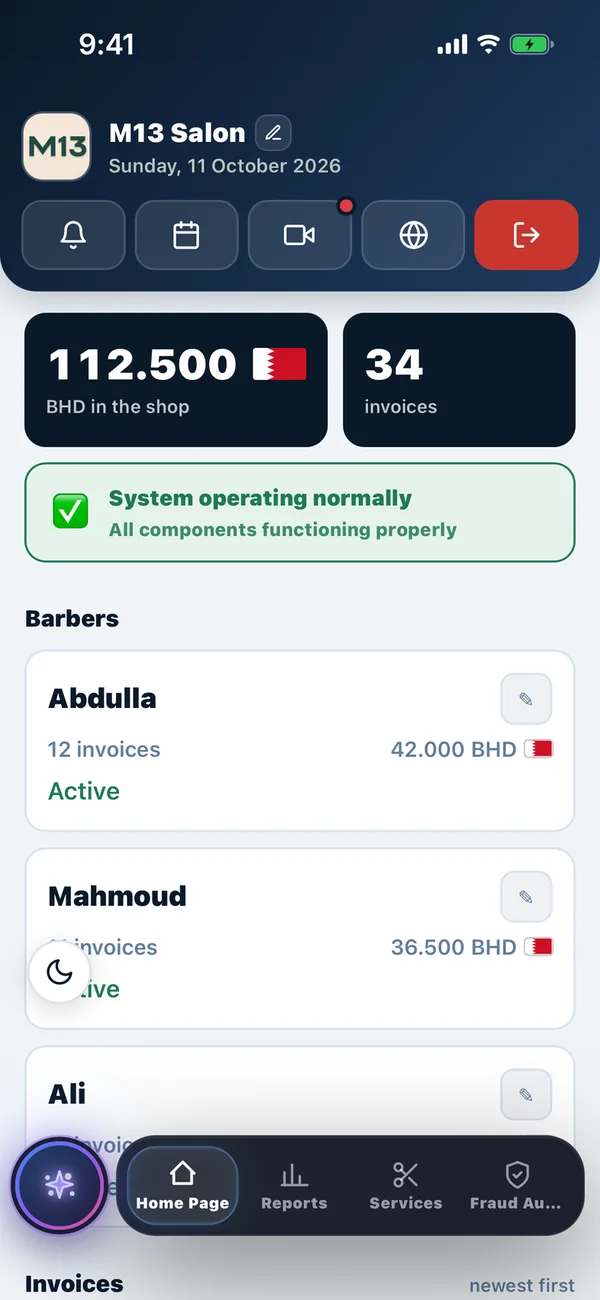 Trimly home page: today's income, invoice count and the barbers list
